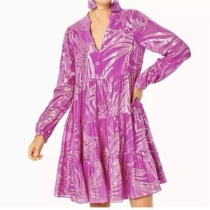$298 Lilly Pulitzer Sarita Silk Dress Size 00 Wild Fuchsia Palm Leaf Metallic